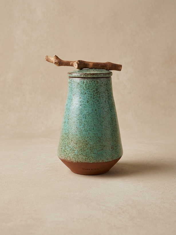 انکه سفالی دستساز با لعاب فیروزهای و دسته چوب طبیعی، نام «Terra & Teal» حک شده زیر آن