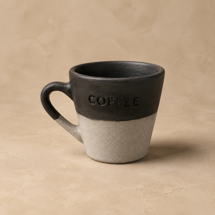ماگ سینگل دستهدار استونور با بدنه دو رنگ مشکی مات و خاکستری شنی و حکاکی برجسته کلمه COFFEE.
