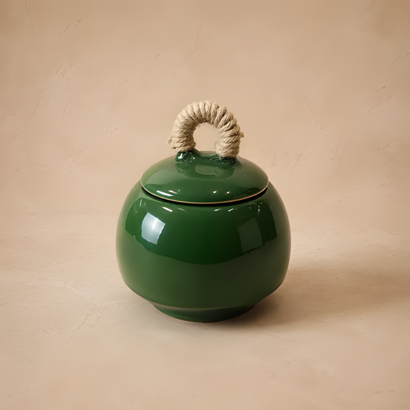 قندان سرامیکی سفید با بدنه کروی و صیقلی که دارای یک درب متناسب و دسته‌ای از جنس کنف طبیعی در بالای آن است.