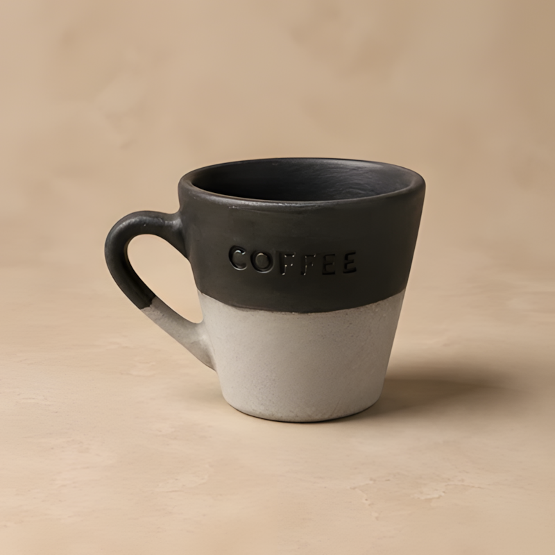 ماگ سینگل دسته‌دار استون‌ور با بدنه دو رنگ مشکی مات و خاکستری شنی و حکاکی برجسته کلمه COFFEE.